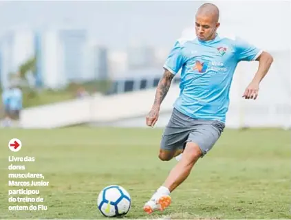  ??  ?? Livre das dores musculares, Marcos Junior participou do treino de ontem do Flu