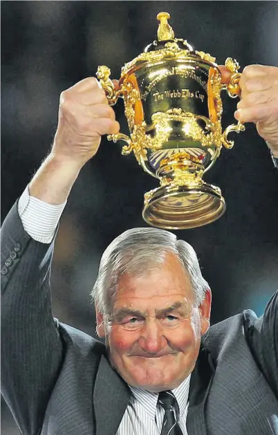  ?? Photo: Rugby NZ ?? All Blacks great and Rugby World Cup winning coach Sir Brian Lochore with the Webb Ellis Cup