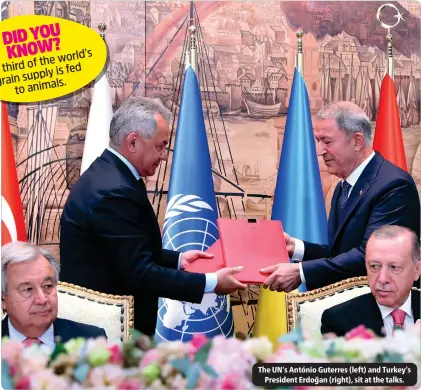  ?? ?? KNOW? world’s of the
One third is fed grain supply animals. to
The UN’s António Guterres (left) and Turkey’s President Erdoğan (right), sit at the talks.