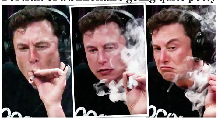  ??  ?? Up in smoke: Elon Musk puffs a cannabis joint during the podcast. Despite the apparent ease with which he smoked the drug, he claimed he was not a regular user