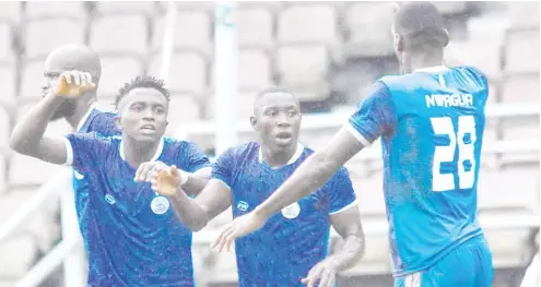  ?? ?? „ Rivers United players celebrate after scoring in the ongoing Nigeria Premier Football League season