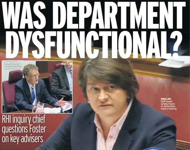  ??  ?? QUESTIONS Inquiry chair Sir Patrick Coghlin GRILLED
DUP leader Arlene Foster at yesterday’s inquiry hearing