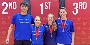  ?? PICTURE: Matchtight ?? From left, Bath badminton players Will Jones, Molly Chapman, Cara Collins and Toby Dillingham with their mixed doubles medals at BUCS Nationals