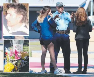  ??  ?? Police speaking with young people at Knox Park in Murwillumb­ah where floral tributes have been left to Charlie Larter (inset), who was stabbed on Tuesday.