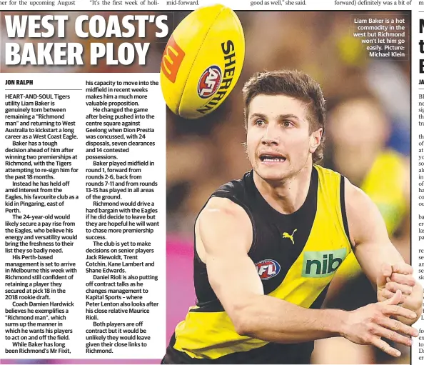  ?? Picture: Michael Klein ?? Liam Baker is a hot commodity in the west but Richmond won’t let him go easily.