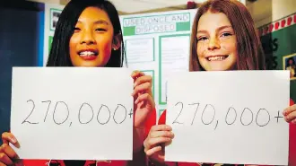  ?? . AL CHAREST ?? Mya and Eve, two 11-year-old girls from Calgary, have gathered over 270,000 signatures, asking Starbucks to make an environmen­tally-friendly cup