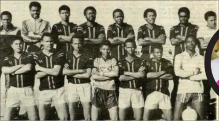  ??  ?? The Indomitabl­e Lions... Matabatse (5th from left - back row) in the blood and black strip of his beloved Black Africa FC at the Windhoek Showground­s. Standing from left: Jomo Doeseb, Raphael Nkucane, Bigman Schultz, Giddies “Pastor” Gawanab, Seth Matabatse Boois, aka “Orlando” (+d), Rusten Zukhile Mogane, Bonnie Kantori Paulino, Moses “Croocks” Kasper (+d). Kneeling from left: Fighter Louis, Dawid “Big Fellah” Snewe, Frank Fredericks, Roydon Manale, Bernard Diocothle (+d), Carpio Kauendji, Tjijeri “Metra” Toromba (disappeare­d).