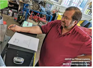 ??  ?? ABOVE Ian Tillman explains Seven’s weak spots. BELOW Steering cross-tubes.
