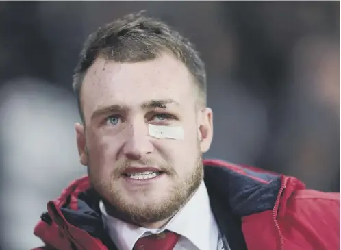  ??  ?? 0 British & Irish Lions full-back Stuart Hogg’s injury was clearly visible as he stood on the sidelines for the tourists’ loss to the Highlander­s.