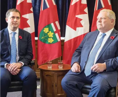  ?? CHRIS YOUNG / THE CANADIAN PRESS ?? Ontario Premier Doug Ford meets with federal Conservati­ve Leader Andrew Scheer in Toronto on Tuesday.