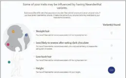  ??  ?? Here are all the Neandertha­l traits 23andme can identify