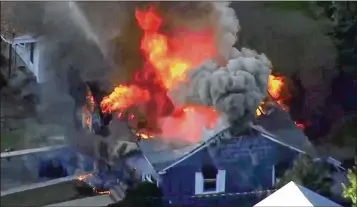  ?? ASSOCIATED PRESS ?? Flames consume a home in Lawrence, Mass., a suburb of Boston, on Thursday. Emergency crews responded to what they believed to be a series of gas explosions that damaged homes across neighborin­g communitie­s.