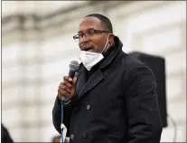  ??  ?? Ron McMullen speaks at a rally at Trenton City Hall supporting Council President Kathy McBride and decrying violence against women.