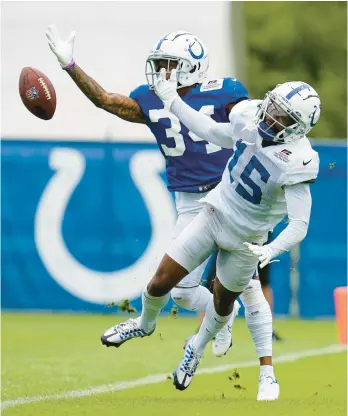  ?? MICHAEL CONROY/AP ?? CB Isaiah Rodgers breaks up a pass to WR Keke Coutee (15) during Colts training camp practice Thursday.