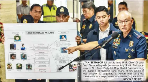  ??  ?? UTAK SI MAYOR Ipinakikit­a nina PNP Chief Director Gen. Oscar Albayalde (kanan) at Atty. Justin Batocabe, anak ni Ako Bicol Party-list Rep. Rodel Batocabe, ang link diagram at analysis kung paano at sinu-sino ang mga suspek sa pagpatay sa kongresist­a, sa press conference sa Camp Crame sa Quezon City, kahapon.