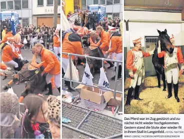  ?? FOTOS: TWITTER/ MIRKO LORENZ; FACEBOOK/NIPPESER BÜRGERWEHR ?? Das Pferd war im Zug gestürzt und zunächst nicht wieder hochgekomm­en. Gestern stand die Stute aber wieder fit in ihrem Stall in Langenfeld.