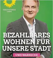  ??  ?? Die Botschaft auf den Plakaten der Grünen-Kandidaten wie hier von Uwe Warnecke sei klar verständli­ch.