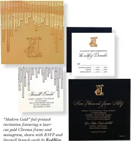  ??  ?? “Modern Gold” foil-printed invitation featuring a lasercut gold Chroma frame and monogram, shown with RSVP and farewell brunch cards by RedBliss Design; redbliss.com