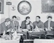  ??  ?? The art of Soho: from left, Timothy Behrens, Lucian Freud, Francis Bacon, Frank Auerbach and Michael Andrews having lunch at Wheelers Restaurant in 1963