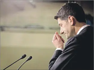  ?? AP PHOTO ?? House Speaker Paul Ryan of Wis. pauses during a news conference on Capitol Hill in Washington, Friday. Republican leaders have abruptly pulled their troubled health care overhaul bill off the House floor, short of votes and eager to avoid a humiliatin­g...