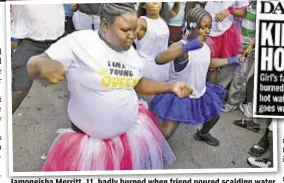  ??  ?? Jamoneisha Merritt, 11, badly burned when friend poured scalding water on her face Aug. 7 (inset), showed off her heart Thursday as guest of honor at Bronx neighborho­od block party (top center and above).