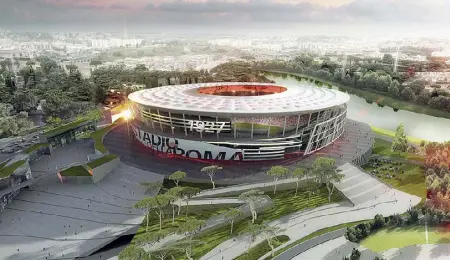  ??  ?? Il rendering del nuovo stadio della Roma che dovrebbe sorgere dove adesso ci sono i ruderi dell’ippodromo di Tor di Valle