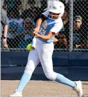  ?? PHOTO FOR THE RECORDER BY DONNIE ZIMMERMAN ?? Morgan Hunter gets a hit for the Monache softball team during its Southern California State Division IV Championsh­ip Game against Orange Cove on Saturday at MHS.