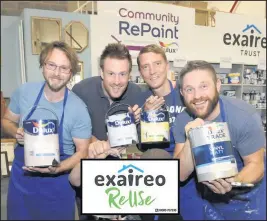  ??  ?? ■ Pictured: Loughborou­gh’s Exaireo ReUse Project staff and residents holding the available paint.