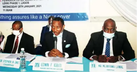  ??  ?? L-R: Stephen Dike, chairman; Edwin Igbiti, managing director; and Mijinyawa Lawal, director, all of Niger Insurance Plc at its 50th annual general meeting in Lagos, recently