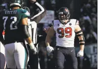  ?? Michael Perez / Associated Press ?? Houston Texans’ J.J. Watt is proud of where the team stands at 10-5 after starting the season 0-3. Houston can win the AFC South by beating Jacksonvil­le on Sunday. But a loss could muddle the entire AFC playoff picture.