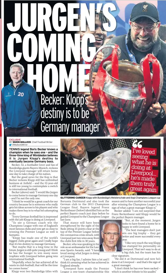  ??  ?? GLITTERING CAREER Klopp with Bundesliga’s Meistersch­ale and (top) Champions League cup