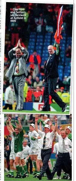  ??  ?? Charlton and Setters say farewell at Anfield in 1995
The bench celebrate after beating Italy at USA ’94