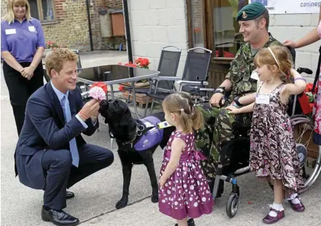  ??  ?? Prince Harry meets Steve Brookes, a serviceman with a spinal injury and his dog Major, with his children Emily, centre, and Grace.