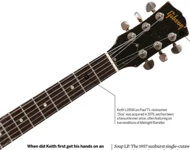  ??  ?? Keith’s 1958 Les Paul TV, nicknamed ‘Dice’, was acquired in 1979, and has been a favourite ever since, often featuring on live renditions of MidnightRa­mbler. The Grover machinehea­ds on Keith’s ’58 double-cut Junior would have replaced original...