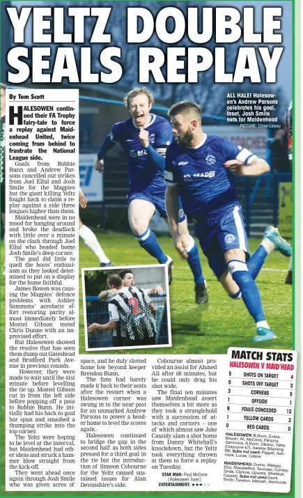  ?? PICTURE: Dave Linney ?? ALL HALE! Halesowen’s Andrew Parsons celebrates his goal, Inset, Josh Smile nets for Maidenhead
HALESOWEN V MAID’HEAD