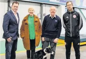  ??  ?? HML Recycling, Bolton Avenue, Huncoat, has set itself the target of donating £10,000 to charity. From left: Stuart Rogan, Julie Hesmondhal­gh, Ken Harrison with his dog Pixie, and Lee Walsh