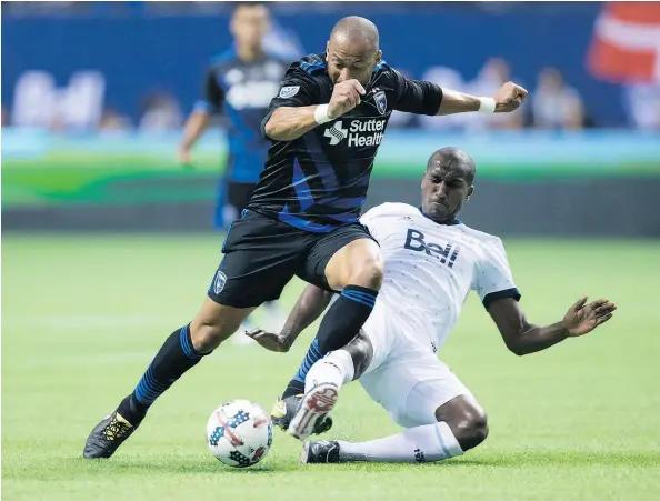  ?? — CP FILES ?? Since signing with the Whitecaps in August 2017, 26-year-old Aly Ghazal, right, has started seven of nine games. The Egyptian star is hoping his solid play in the MLS will earn him a chance to play for his home country in this summer’s World Cup...