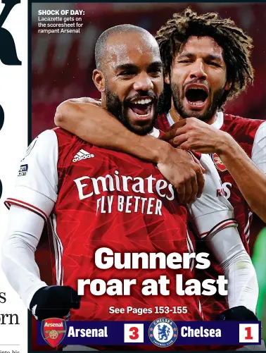  ??  ?? SHOCK OF DAY: Lacazette gets on the scoresheet for rampant Arsenal