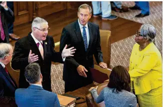  ?? TOM MCCARTHY JR. / FOR AMERICAN-STATESMAN ?? State Rep. Dan Huberty, R-Houston, speaks to colleagues Friday as he brings the annexation-approval bill to the House floor for a second reading. The measure, which requires large cities to get the consent of voters in areas they want to annex, passed...