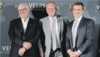  ?? ASSOCIATED PRESS FILE PHOTO ?? In this April 13, 2017, photo, Vegas Golden Knights coach Gerard Gallant is flanked by owner Bill Foley, left, and general manager George McPhee during a news conference in Las Vegas. The Knights’ improbable success is all built on the incredibly...