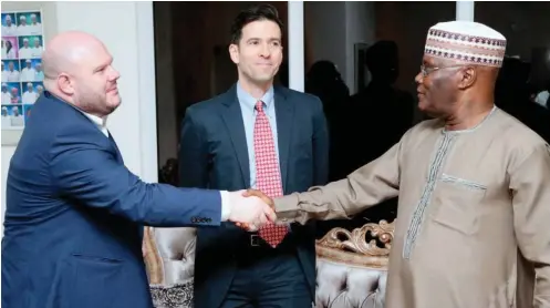  ??  ?? From left: Africa Regional Director of Internatio­nal Republican Institute (IRI), Mr. John Tomaszewsk­i; President of IRI Mr. Daniel Twinning; and former Vice President, Atiku Abubakar, in Abuja on Tuesday.