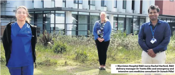  ??  ?? > Morriston Hospital R&D nurse Rachel Harford, R&D delivery manager Dr Yvette Ellis and emergency and intensive care medicine consultant Dr Suresh Pillai