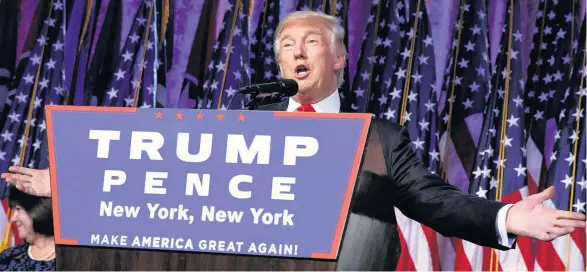  ??  ?? > President-elect Donald Trump during his election night rally victory speech in New York after he defeated Democratic candidate Hillary Clinton