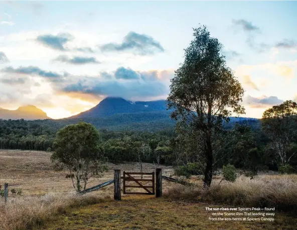  ??  ?? The sun rises over Spicers Peak – found on the Scenic Rim Trail leading away from the eco-tents at Spicers Canopy.