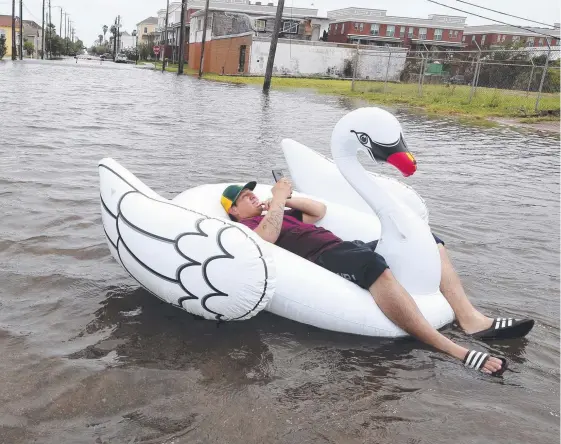  ?? Picture:AP ?? Julio Ostio sits and texts in an inflatable swan as he floats down 16th Street near Strand St in Galveston, Texas after Hurricane Harvey hit.