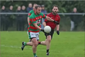  ?? ?? Stephen Phair steadies to drive the ball forward with Barry Flanagan keeping pace during the league game earlier this year.