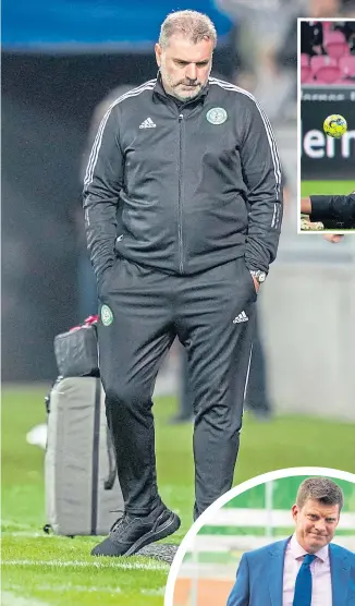  ??  ?? Ange Postecoglo­u has much to consider as Midtjyllan­d boss, Bo Henriksen, enjoys his side’s win. James Forrest (above) missed one of the many chances that came Celtic’s way over the two legs