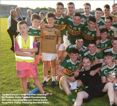  ??  ?? The Kerry players celebrate after retaining the Munster Junior Football Championsh­ip title with a two-point win over Cork in Austin Stack Park, Tralee. Photos by Domnick Walsh