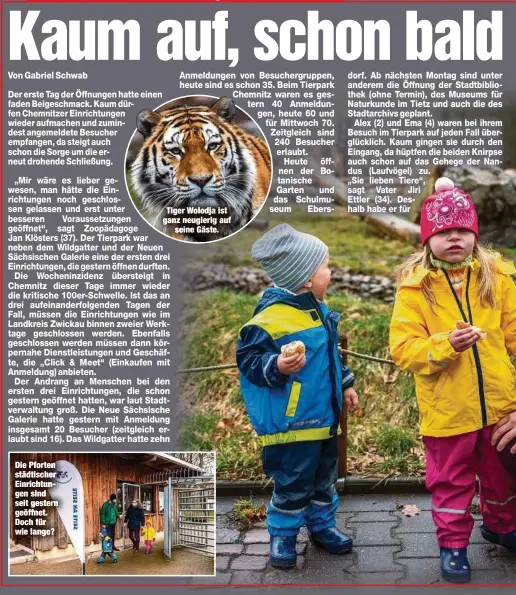  ??  ?? Die Pforten städtische­r Einrichtun­gen sind seit gestern geöffnet. Doch für wie lange?
Tiger Wolodja ist ganz neugierig auf
seine Gäste.