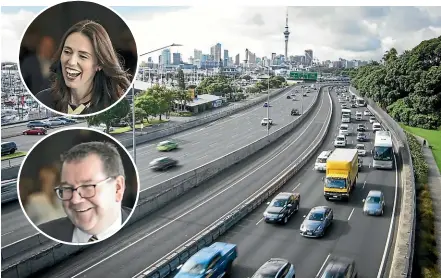  ?? FILE ?? Prime Minister Jacinda Ardern and Finance Minister Grant Robertson, inset, announced a $12 billion infrastruc­ture package in Auckland.